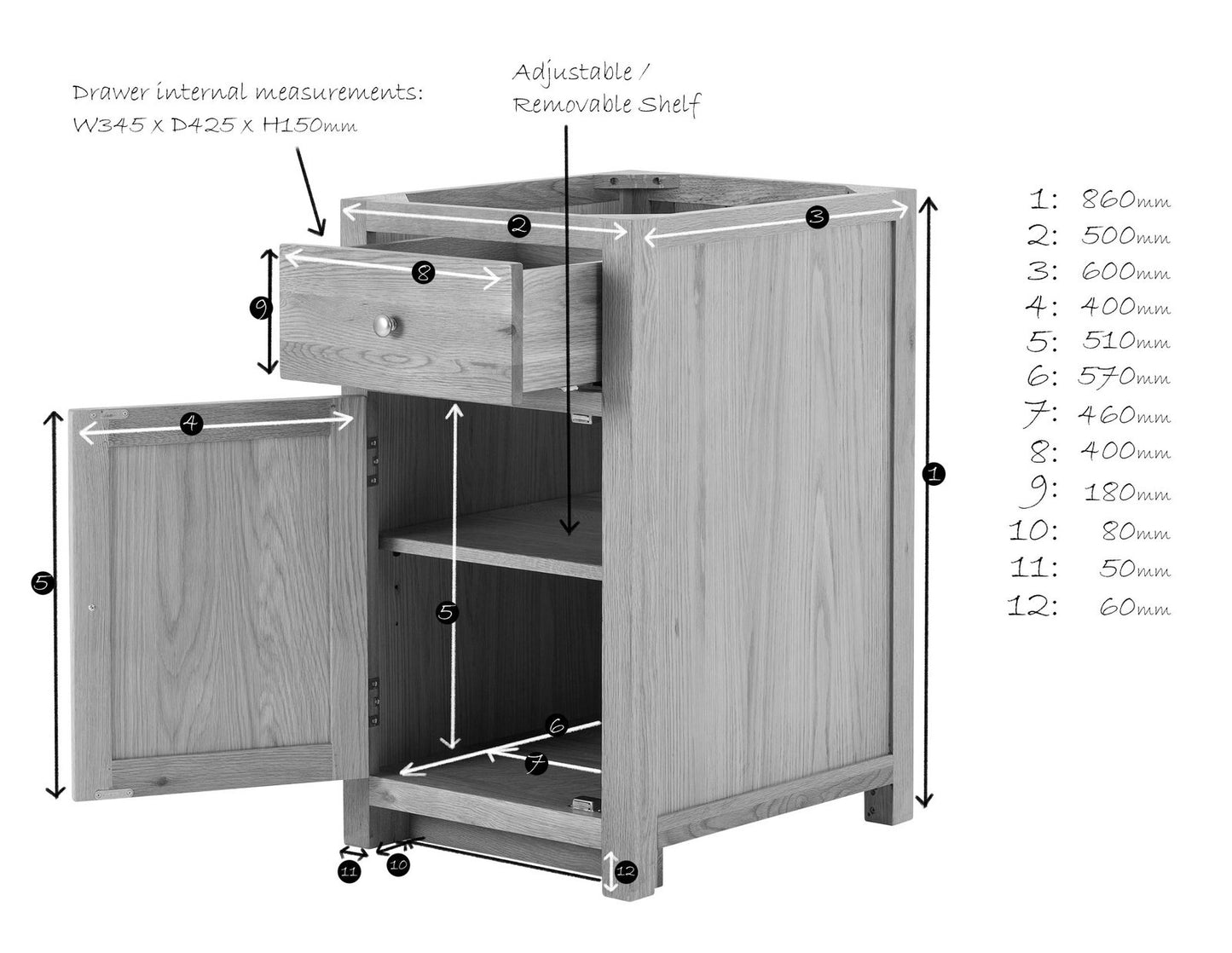 1 Door 1 Drawer Cabinet with soft close drawers - 500mm