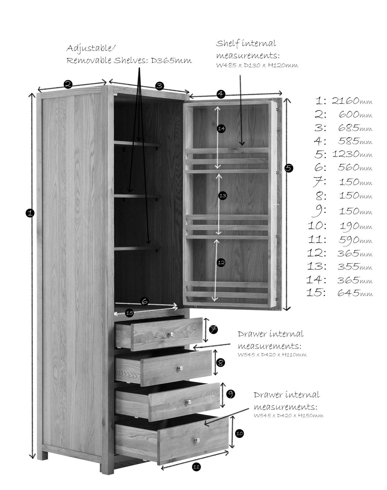 1 Door 4 Drawer Tall Larder Cabinet with soft close drawers - 690mm