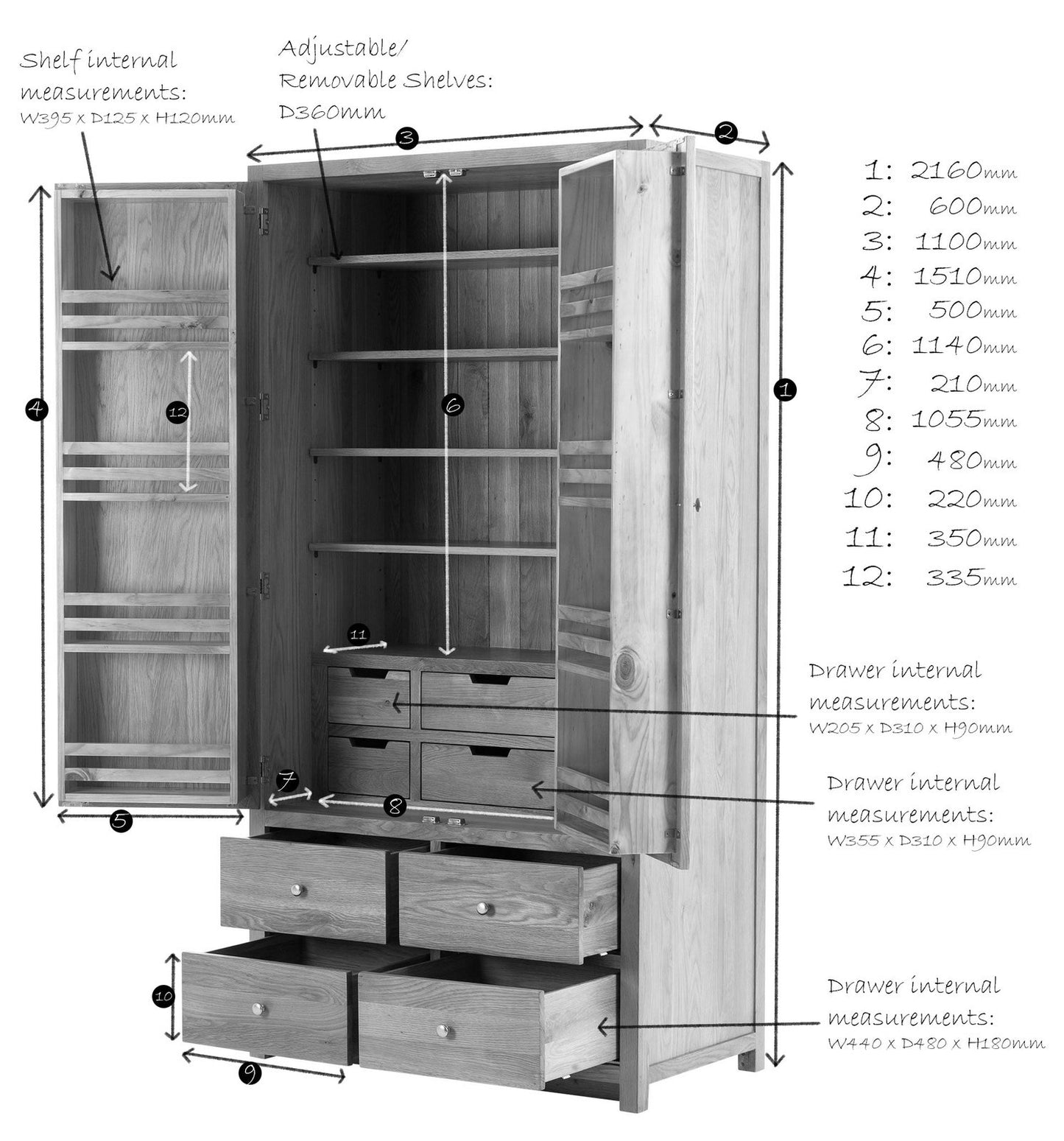 2 Door 10 Drawer Larder Cabinet with soft close drawers - 1100mm