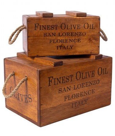 Rustic Vintage Wooden Lidded Chest Boxes - Olive Oil - Set of 2