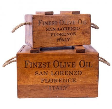 Rustic Vintage Wooden Lidded Chest Boxes - Olive Oil - Set of 2