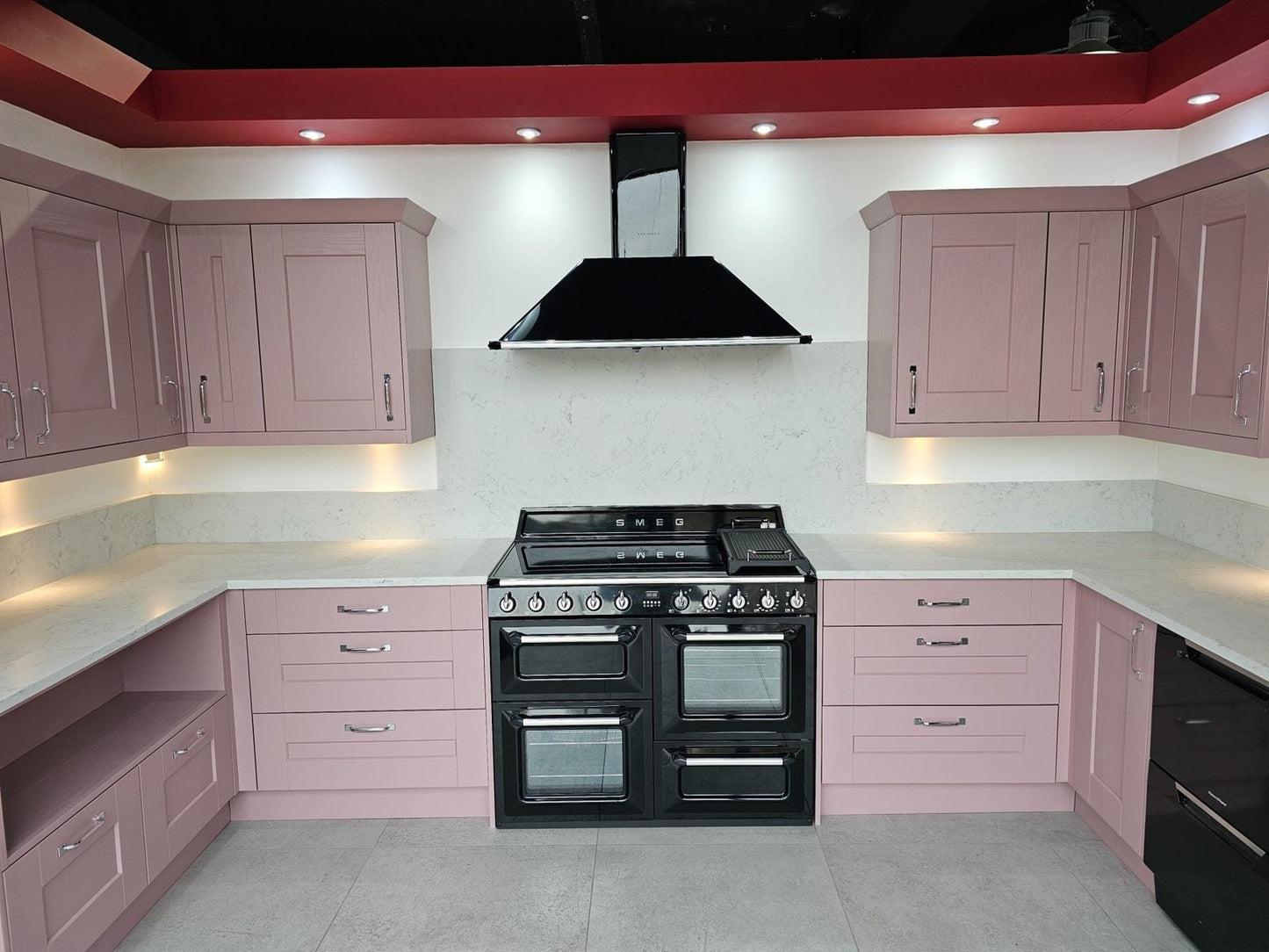 Ex Display Kitchen - Symphony Ashbourne Pink Kitchen With Carrara Quartz Worktops