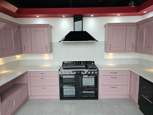 Ex Display Kitchen - Symphony Ashbourne Pink Kitchen With Carrara Quartz Worktops
