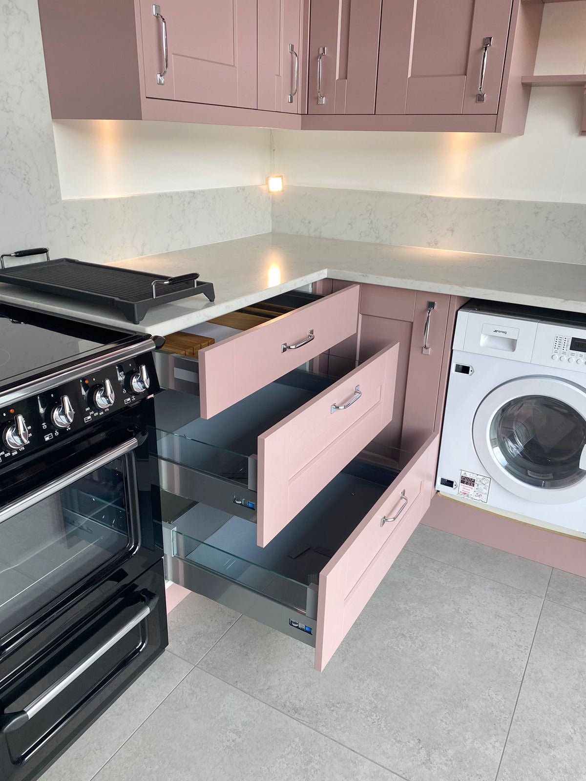 Ex Display Kitchen - Symphony Ashbourne Pink Kitchen With Carrara Quartz Worktops
