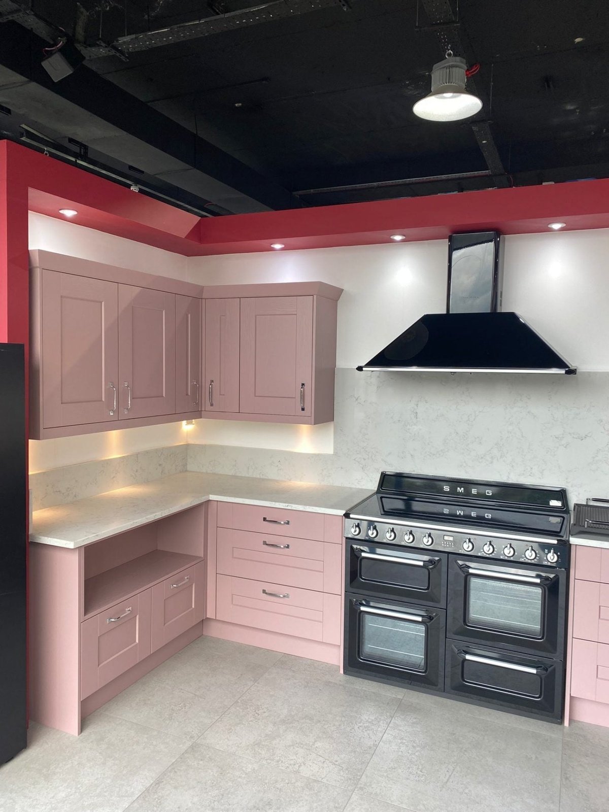 Ex Display Kitchen - Symphony Ashbourne Pink Kitchen With Carrara Quartz Worktops