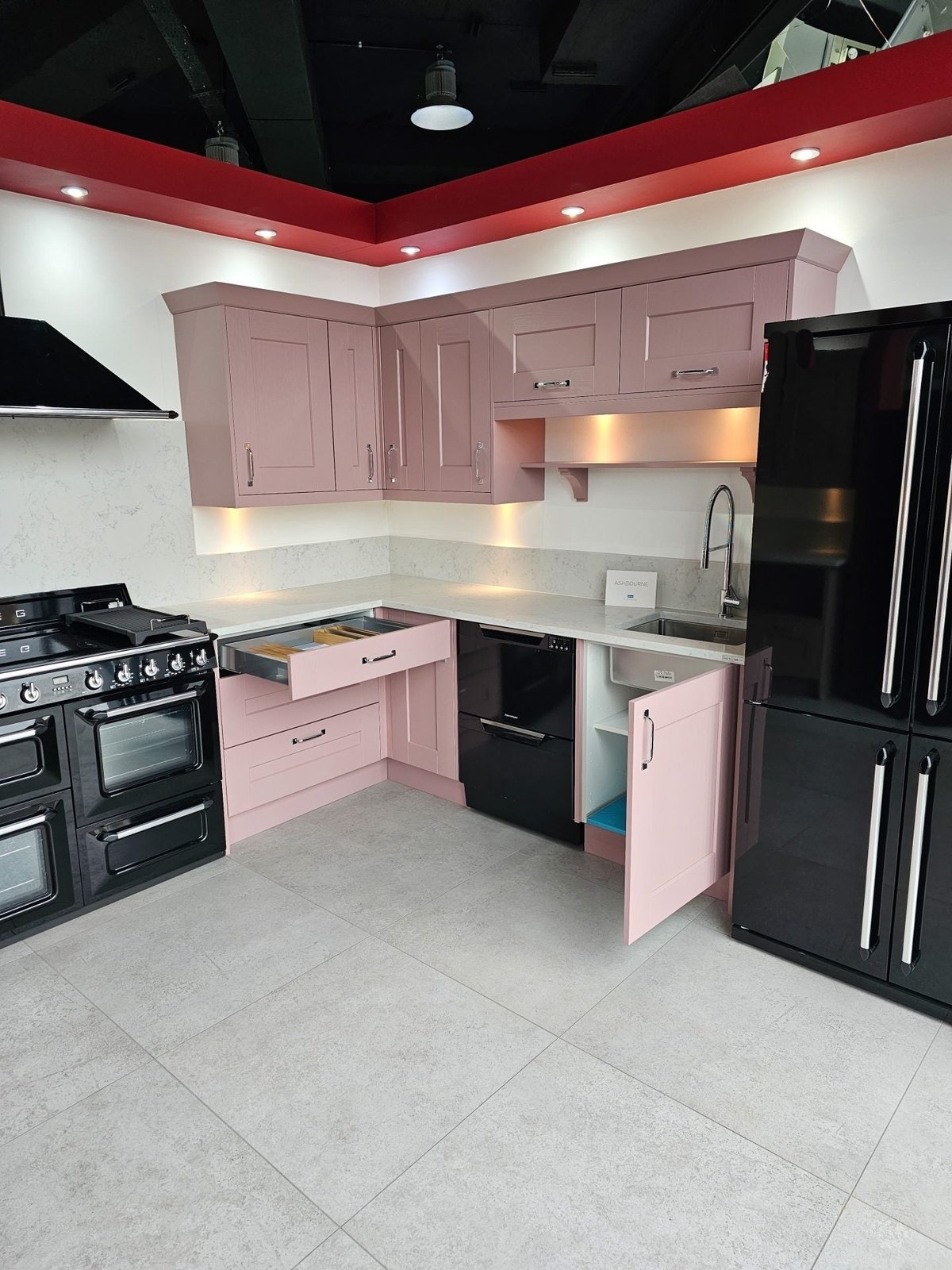 Ex Display Kitchen - Symphony Ashbourne Pink Kitchen With Carrara Quartz Worktops