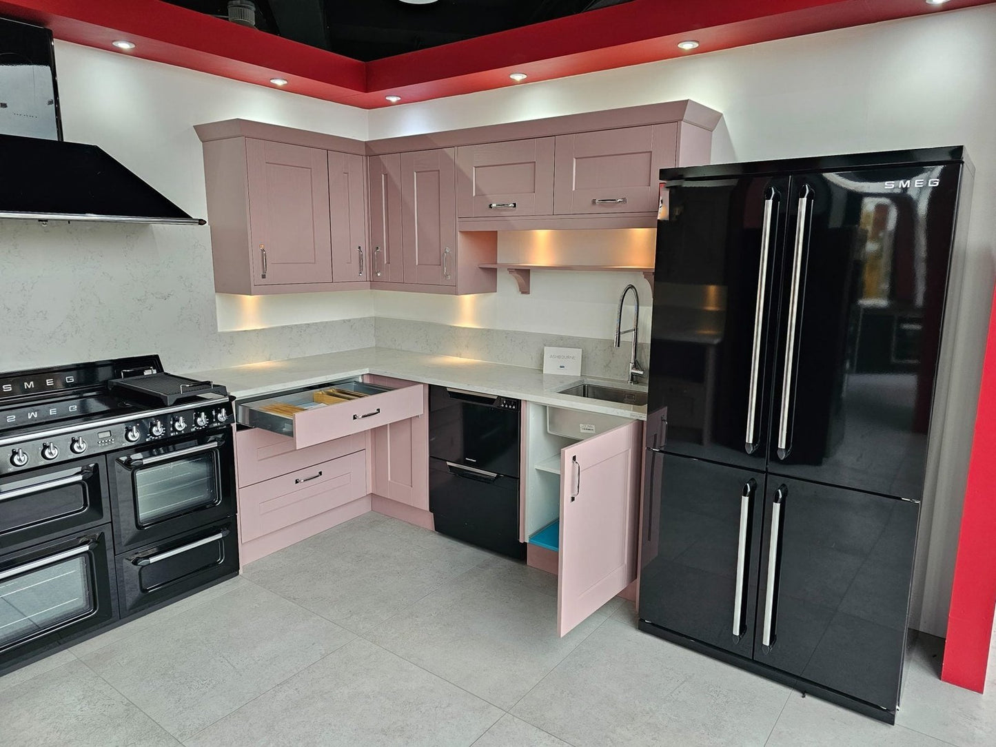 Ex Display Kitchen - Symphony Ashbourne Pink Kitchen With Carrara Quartz Worktops