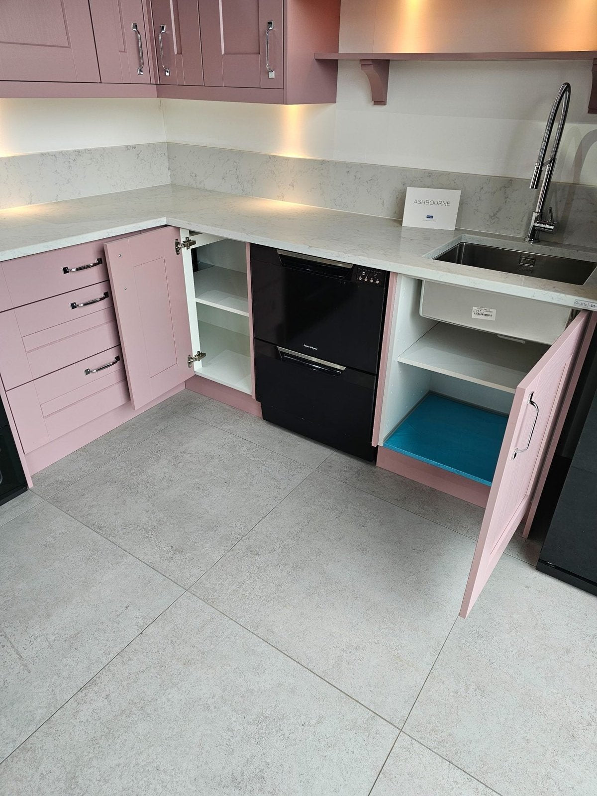 Ex Display Kitchen - Symphony Ashbourne Pink Kitchen With Carrara Quartz Worktops