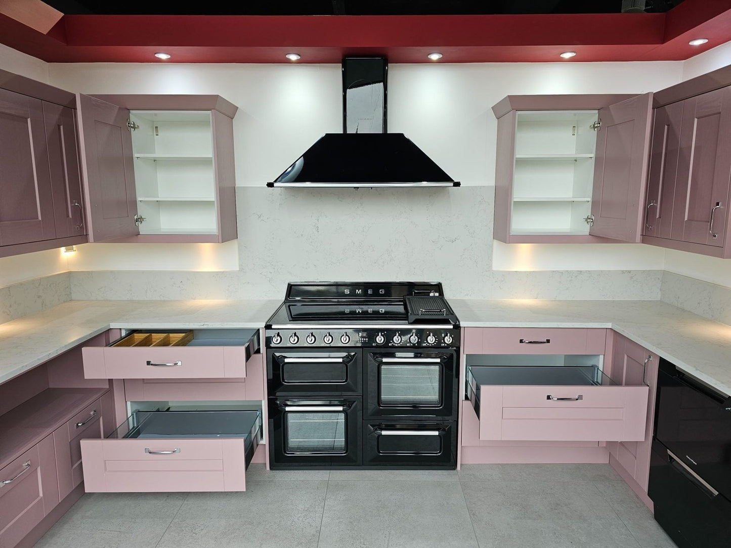 Ex Display Kitchen - Symphony Ashbourne Pink Kitchen With Carrara Quartz Worktops